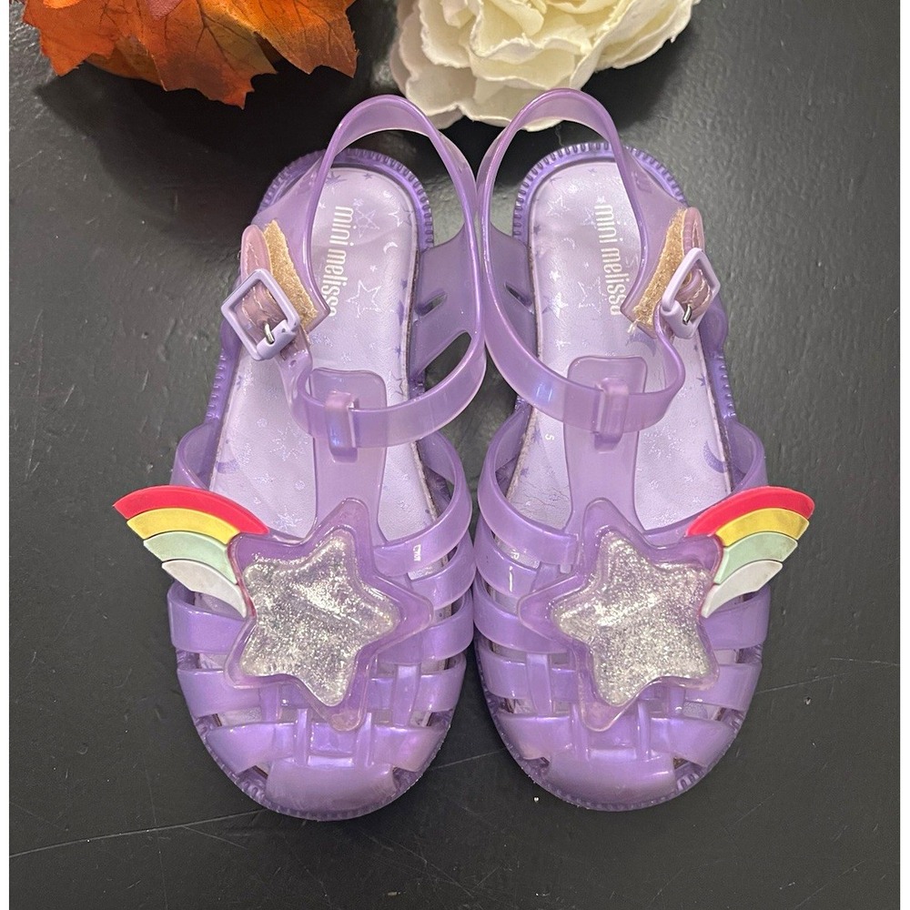 Mini Melissa Purple Jelly Sandals Glitter Star Rainbow Buckle Closed Toe 10 girl